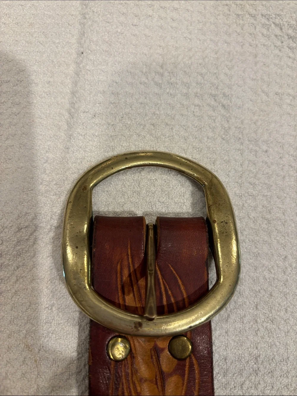 Hand-Tooled Brown Leather Belt with Wheat Motif- Don-w/ Solid Brass Belt Buckle